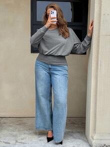 Easura Plus Size Women Solid Color Casual Versatile Daily Wear Long Sleeve Sweatshirt Fall - Grey - View 1