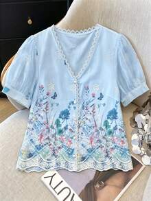 GlowEve Woven Embroidered Women's Summer V-Neck Short Sleeve Blouse - Baby Blue - View 4