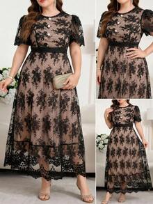 Reflora Plus Size Lace Patchwork Round Neck Elegant Short Sleeve Dress - Black - View 1