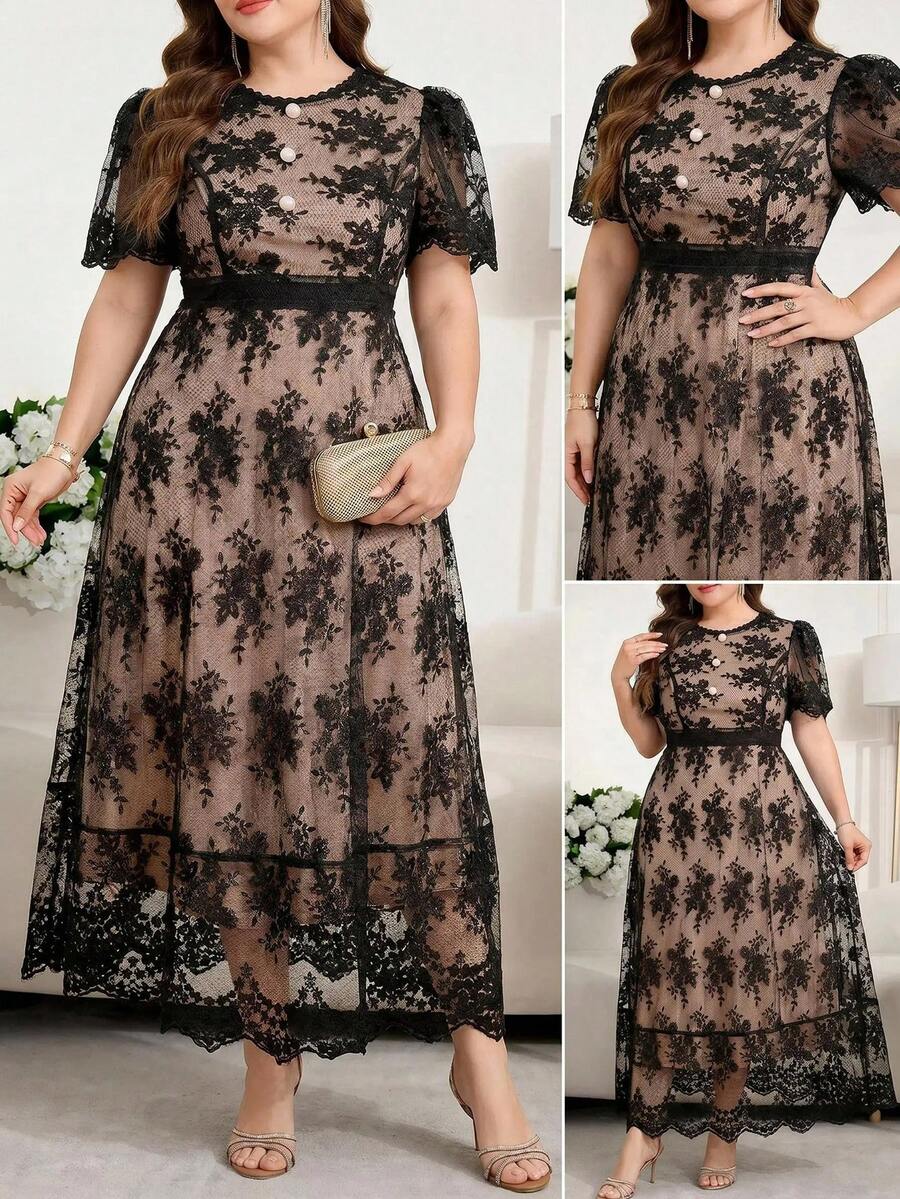 Reflora Plus Size Lace Patchwork Round Neck Elegant Short Sleeve Dress - Black - View 1