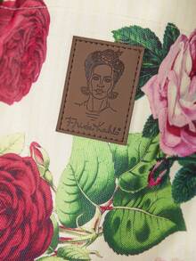 Frida Kahlo X SHEIN 1件復古玫瑰印花聚酯纖維托特包，蕾絲飾邊，度假風休閒單肩包，大容量輕便旅行購物袋，可重複使用，適合夏季旅行與日常使用 - 米色 - 查看 6