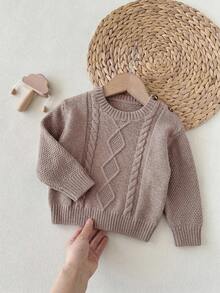SHEIN Baby Girl Cable Knit Round Neck Long Sleeve Casual Versatile Autumn Winter Sweater - Khaki - View 6
