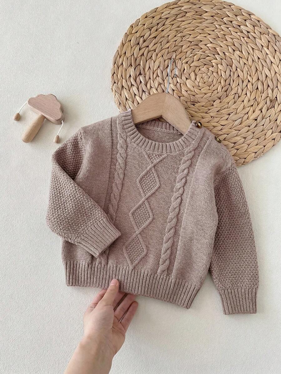 SHEIN Baby Girl Cable Knit Round Neck Long Sleeve Casual Versatile Autumn Winter Sweater - Khaki - View 1