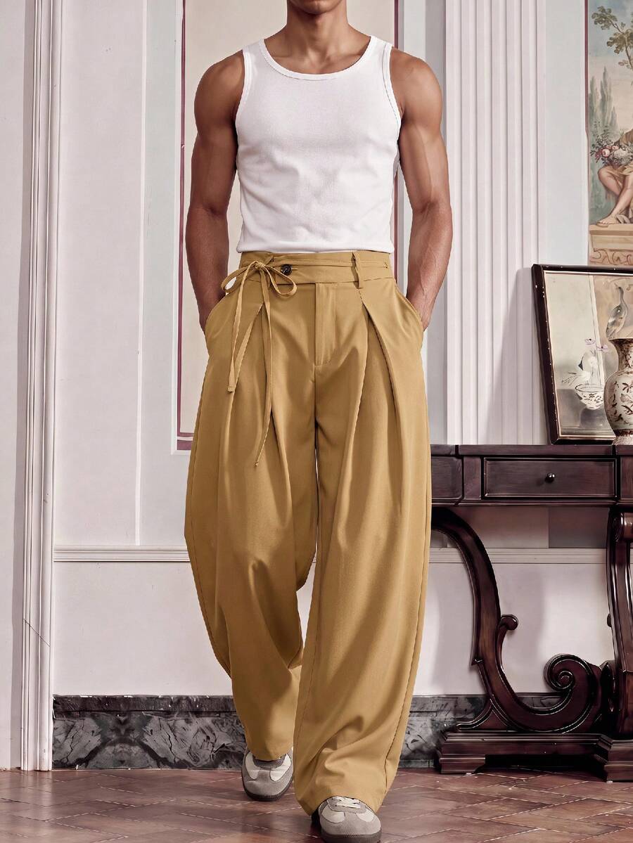 SWAVVY Men's Fashion Commuter Solid Color Curved Leg Pants - Khaki - View 1