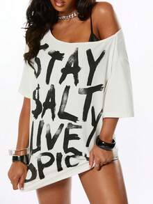 ROMWE Summer Slogan Punk Street Style Hot Girl Splatter Print Design Minimalist Asymmetric Neck Loose T-Shirt - White - View 8