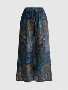 ROMWE Hippie Plus Size Vacation Style Pattern Patchwork Faux Linen Fabric Loose A-Line Long Pants - Green - View 1