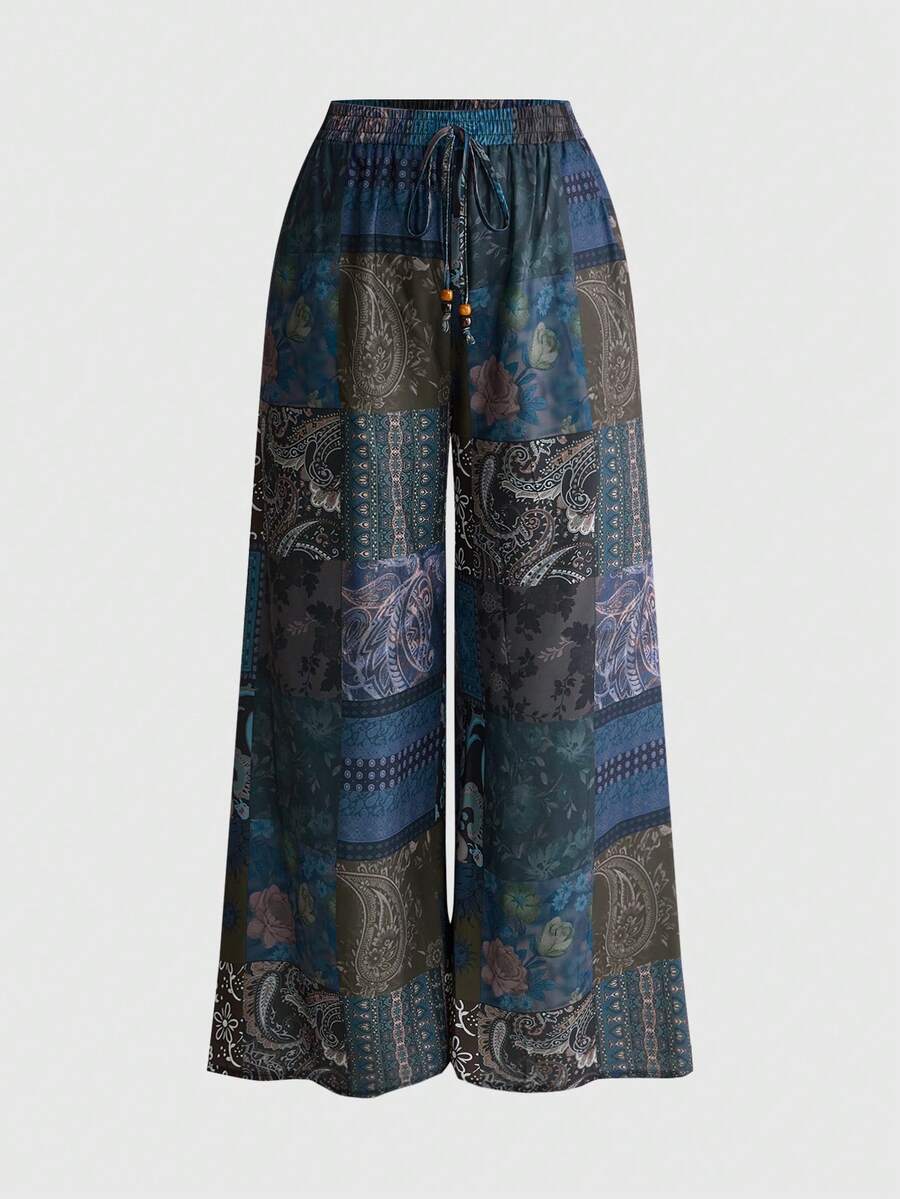 ROMWE Hippie Plus Size Vacation Style Pattern Patchwork Faux Linen Fabric Loose A-Line Long Pants - Green - View 1