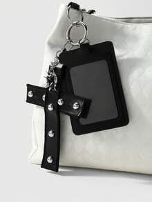 ROMWE Goth 1個Y2K暗黑風哥德龐克簡約黑色皮革鉚釘拼接十字鉚釘愛心卡套校園卡星卡套DIY鑰匙圈包包吊飾 - 黑色-209 - 查看 2