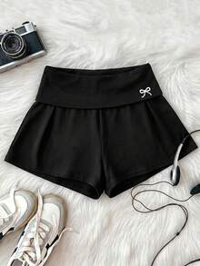 SHEIN Tween Girl Tween Girl Bow Print Waist Fold Casual Shorts - Multicolor - View 5