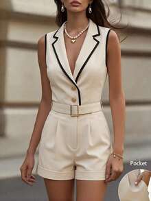SHEIN LUNE Jumpsuit Musim Panas Tanpa Lengan dengan Trim Warna Kontras dan Kerah Berlipat, Desain Dekorasi Lipit yang Modis - Aprikot - View 6