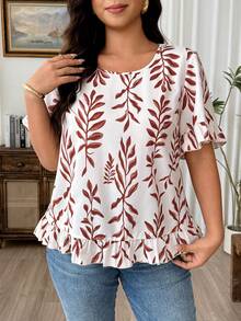 Weeklong Plus Size Women's Vacation Botanical Print Round Neck Short Sleeve Casual Shirt - Khaki - View 6