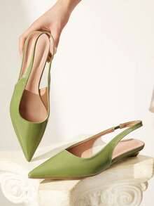 CUCCOO CHICEST Solid Color Sloping Heel Short Heel Premium Elegant Fruit Green Patent Leather PU Glossy Women's Flat Shoes Dew With Commuter Dating Daily - fruit green - View 5