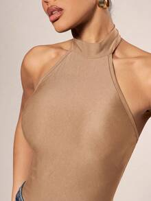 Hauture 1pc Women's Summer Sexy Beach Vacation Style Minimalist Solid Color Backless Halter Neck One-Piece Swimsuit - Khaki - View 6