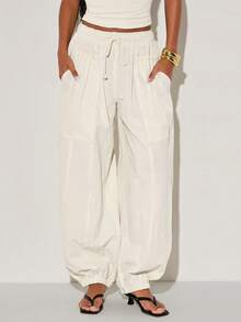 Normani Women's Off-White Balloon Pants, Summer Linen Casual Pants, Comfortable Elastic Waistband, Versatile Everyday Travel Trousers, Beige Style, Vacation - Beige - View 6
