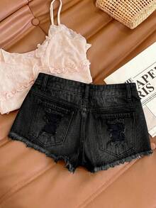 SHEIN Women's Ultra Low Waist Frayed Hem Denim Mini Shorts With Pockets - Black - View 3