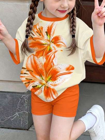 Summer New Young Girl 2 Pieces Set, Contrast Collar Design, Large Print Fabric, Soft And Comfortable Casual Wear