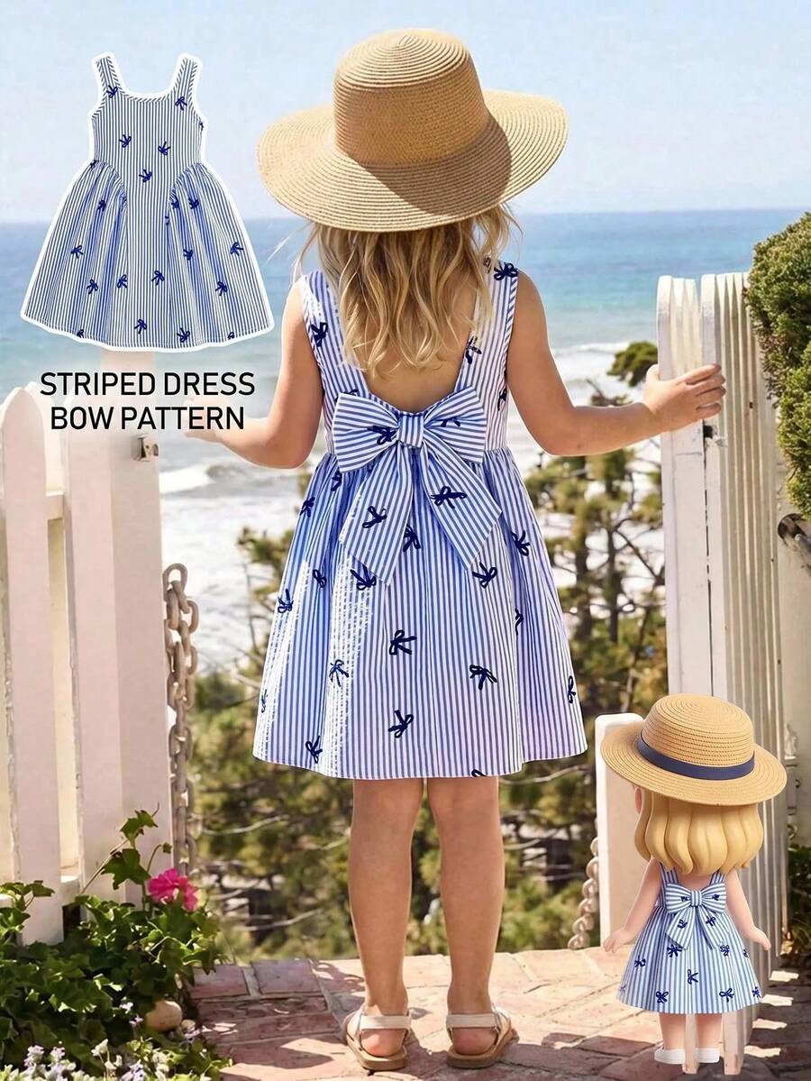 SHEIN Young Girl Woven Striped Square Neck Sleeveless Casual Dress - Blue - View 1