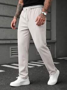 Manfinity CasualCool 1件男士成熟休閒長褲，米色布料，通勤百搭，時尚舒適，男友禮物、丈夫禮物、週年紀念禮物 - 米色 - 查看 5