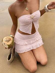 Sunnyshic 2026 Spring/Summer New Fashion Sexy Lace Fitted Camisole Skirt Set For Women - Pink - View 6