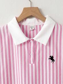 青少年女孩 Polo 領條紋刺繡圖案短袖中長洋裝，適合青少年女孩，對比色荷葉領花瓣袖印花洋裝，適合學校、戶外活動、購物，鈕扣洋裝童裝 - 粉色 - 查看 7