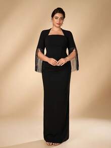 Serin Plus Size Elegant Classy Formal Black Elastic Knit Fabric Vintage Square Collar Short Sleeve Tassel Rhinestone Chain Decor Wedding Guest Evening Fall - Black - View 5