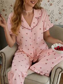 CottageSlumber Cherry Plaid Print Sweet Frill Trim Small Collar Button-Front Short Sleeve Women's Pajama Set - Pink - View 5