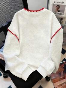 Flirla 大尺碼女款刺繡圓領保暖內裡休閒衛衣，秋冬款 - 淺灰色 - 查看 2