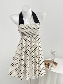 Elamini Women's Elegant Boho Casual Versatile Fashion Daily Vacation Black White Polka Dot Print Backless Halter Neck Short Dress, Summer Dress Beach - Yellow - View 7