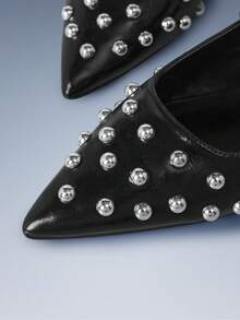 CUCCOO GRLICON Black Rivet Pointed Double Strap Flats, Retro Style Buckle Low Heel Low Vamp Rear Strap Women's Shoes - Black - View 4