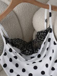 SHEIN PETITE Women's Summer Cowl Neck White And Black Polka Dot Print Camisole Tank Top, Versatile Lace Trim Top, Suitable For Commuting, Vacation, Elegant Sexy - White - View 3
