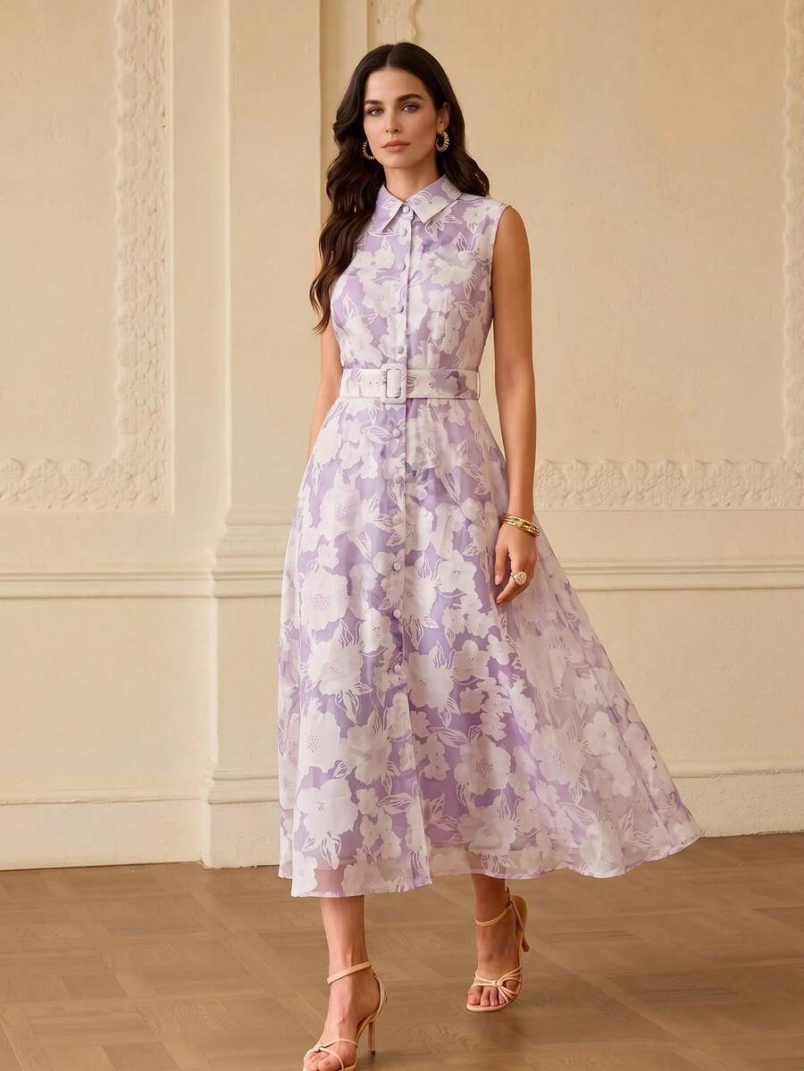 ZEYLAH Elegant Romantic Fitted Waist A-Line Jacquard Fabric Dress, Spring/Summer Wedding Holiday Party White Floral - Purple - View 1