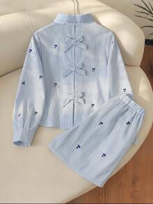SHEIN Elladie kids 2件組少女拼接對比色不對稱領長袖條紋上衣，背後蝴蝶結裝飾，搭配拼接條紋長褲，休閒校園風，四季皆宜 - 彩色 - 查看 3