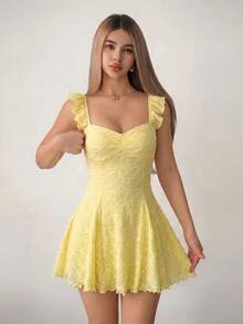 Sweetina 女款甜美度假風提花百褶洋裝，適合約會穿著 - 黃色 - 查看 3