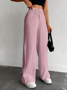 EURMUSE Women's Pure Cotton Small Size Solid Color Drawstring Long Waist Pants - Dusty Pink - View 3