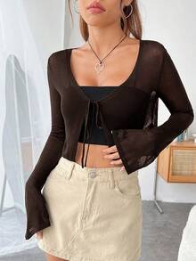 SHEIN EZwear 女款春夏休閒純色前綁帶開襟衫 - 咖啡棕 - 查看 3