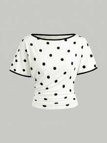 SHEIN 兒童青少年女孩 T-Shirt 春夏新款 波點圖案 黑白配色拼接飾邊 收腰短袖針織素色 全季休閒 Y2K 基本款露肩收腰 T-Shirt 百搭流行款 返校季 - 黑與白 - 查看 4
