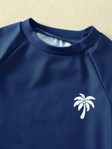 SHEIN Bubblio Unisex Baby 3pcs/Set Blue Cute Coconut Tree Pattern Long Sleeve Rash Guard Swimsuit And Sun Protection Hat Set, Swimwear For Beach, Swimming, Vacation - Navy Blue - View 6