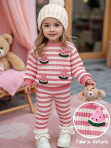 SHEIN Playful Pals 女嬰休閒日常可愛紋理粉色與白色條紋套裝,3D鉤編西瓜貼布透明俏皮上衣搭配長款內搭褲,秋季日常休閒可愛運動穿搭 - 淺粉色 - 查看 5