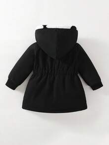 SHEIN Playful Pals Reversible Baby Girl Autumn/Winter Bow Plush Flannel All-Match Versatile Casual Thickened Waist-Cinching Long Coat Warm Jacket - Black and White - View 3