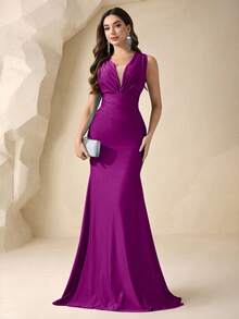 Coutiva 性感深V領彈性中腰不對稱抓褶魚尾晚禮服，適合婚禮、活動、派對、蜜月、伴娘禮服 - 中紫紅色 - 查看 5