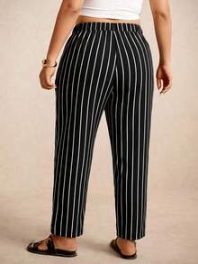 Elaquor Plus Size Casual Striped Colorblock Drawstring Waist Pocket Long Pants Fall - Black - View 2