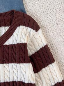 SHEIN Tween Girls Striped Colorblock Cable Knit V-Neck Lantern Sleeve Oversized Pullover Sweater, Suitable For Autumn/Winter, Suitable For Outings - Khaki - View 5