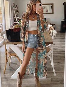 SHEIN VCAY 女款全印花休閒度假旅行罩衫晨袍 - 藍色 - 查看 1