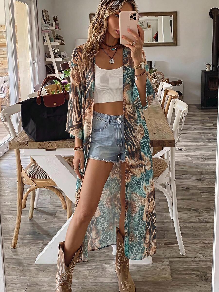 SHEIN VCAY 女款全印花休閒度假旅行罩衫晨袍 - 藍色 - 查看 1