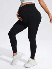 SHEIN Maternity Solid Color High Waist Daily Fitness Sports Leggings - Black - View 5