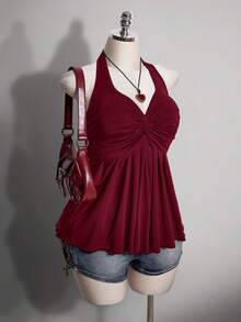 SHEIN ICON 女款大尺碼春夏復古性感極簡休閒時尚個性現代都市通勤上班雞尾酒會 Y2K 心形領口酒紅色 - 酒紅色 - 查看 4