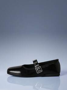 CUCCOO GRLICON Black Bright Leather Square Toe Mary Jane Shoes, Metal Buckle With Ballet Flat Shoes For Women - Black - View 2