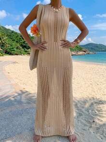 Livesso Women's Solid Color Hollow Knit Beach Cover-Up Dress - Beige - View 3