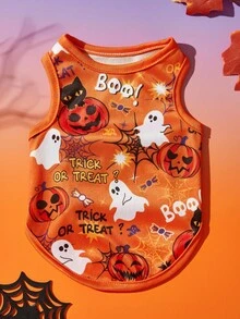 2pcs Pet Cat Dog Universal Halloween Orange Ghost Funny Cartoon Pattern Print Fashionable Breathable Comfortable Dog Vest, PETSIN Original Design - Multicolor - View 7