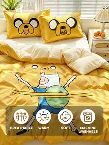 ADVENTURE TIME X SHEIN 3Pcs Cute Cartoon Printed Quilt Cover Set, Polished Material, Soft And Warm, Red Quilt Cover, Multiple Sizes, Suitable For Single Bed/Double Bed/Queen Bed/King Bed - Yellow - View 8